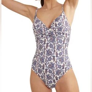 Floral Paisley One-Piece Swimsuit — White and Blue